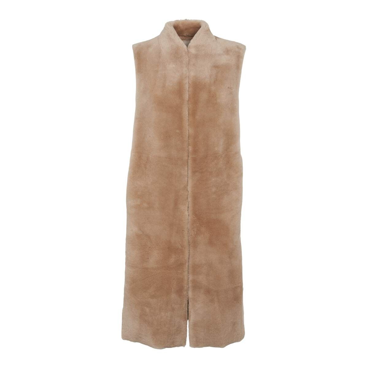 Long sleeveless shearling lamb vest in camel